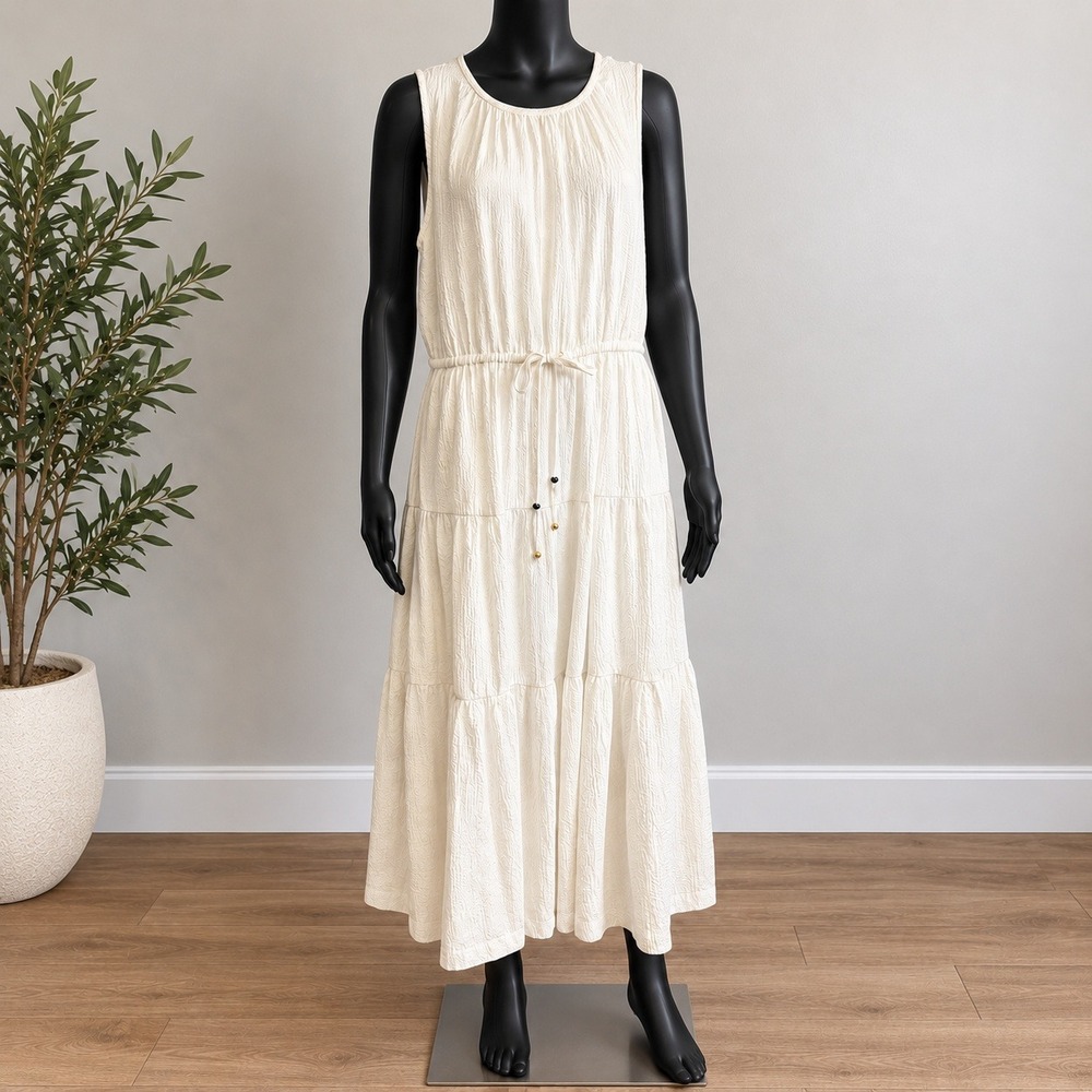 Calvin Klein Size 16 Ivory Textured Tiered Maxi Dress Drawstring Waist Like New